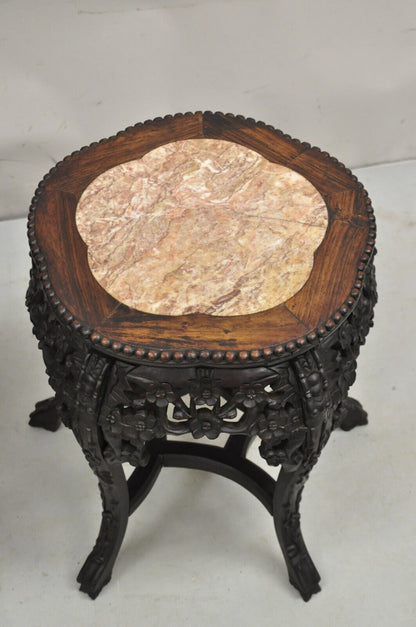 Chinese Carved Hardwood Marble Top Oriental Plant Stand Side Table - a Pair