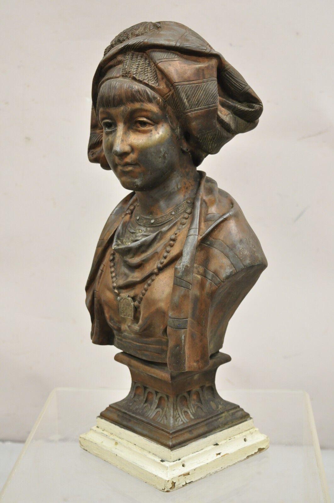 Antique E. Rousseau Cast Spelter Metal French Maiden Woman Bust Sculpture