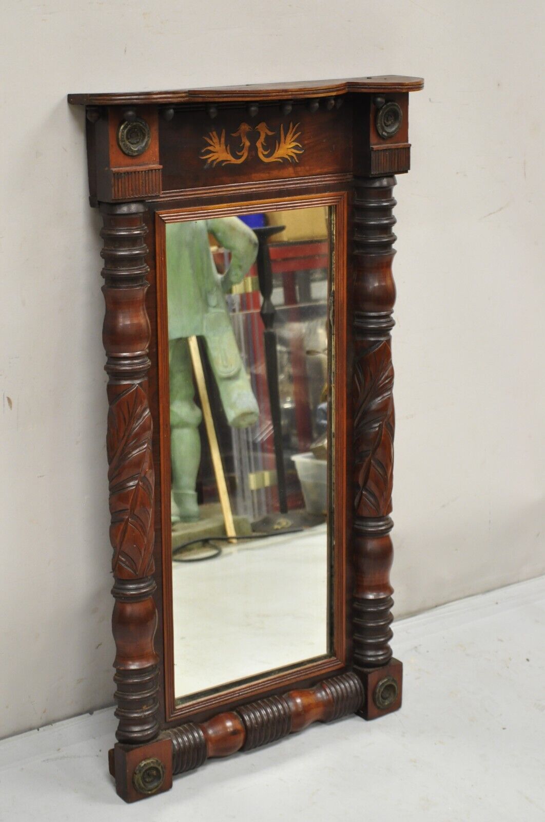 Antique American Empire Walnut Leaf Carved Pier Wall Console Mirror