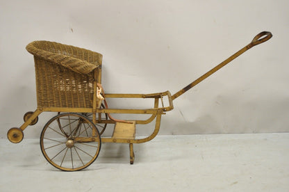 Antique Victorian Wicker & Metal Baby Carriage Pull Behind Stroller Dog Carrier