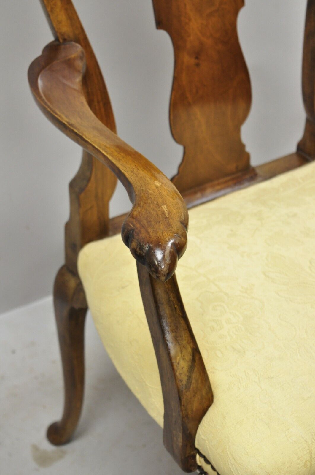 19th Century English Queen Anne Carved Burr Walnut Splat Back Dining Arm Chair