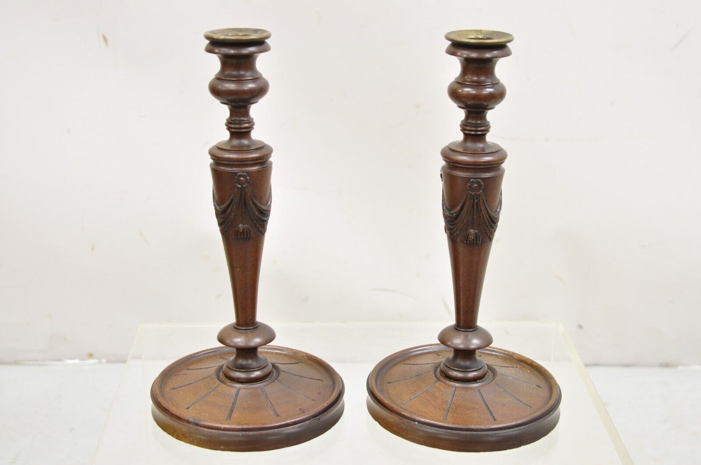 Antique English Edwardian Carved Mahogany Draped Single Candle Stick - Pair