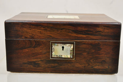 Antique English Victorian Rosewood Vanity Jewelry Box with Mother of Pearl Inlay