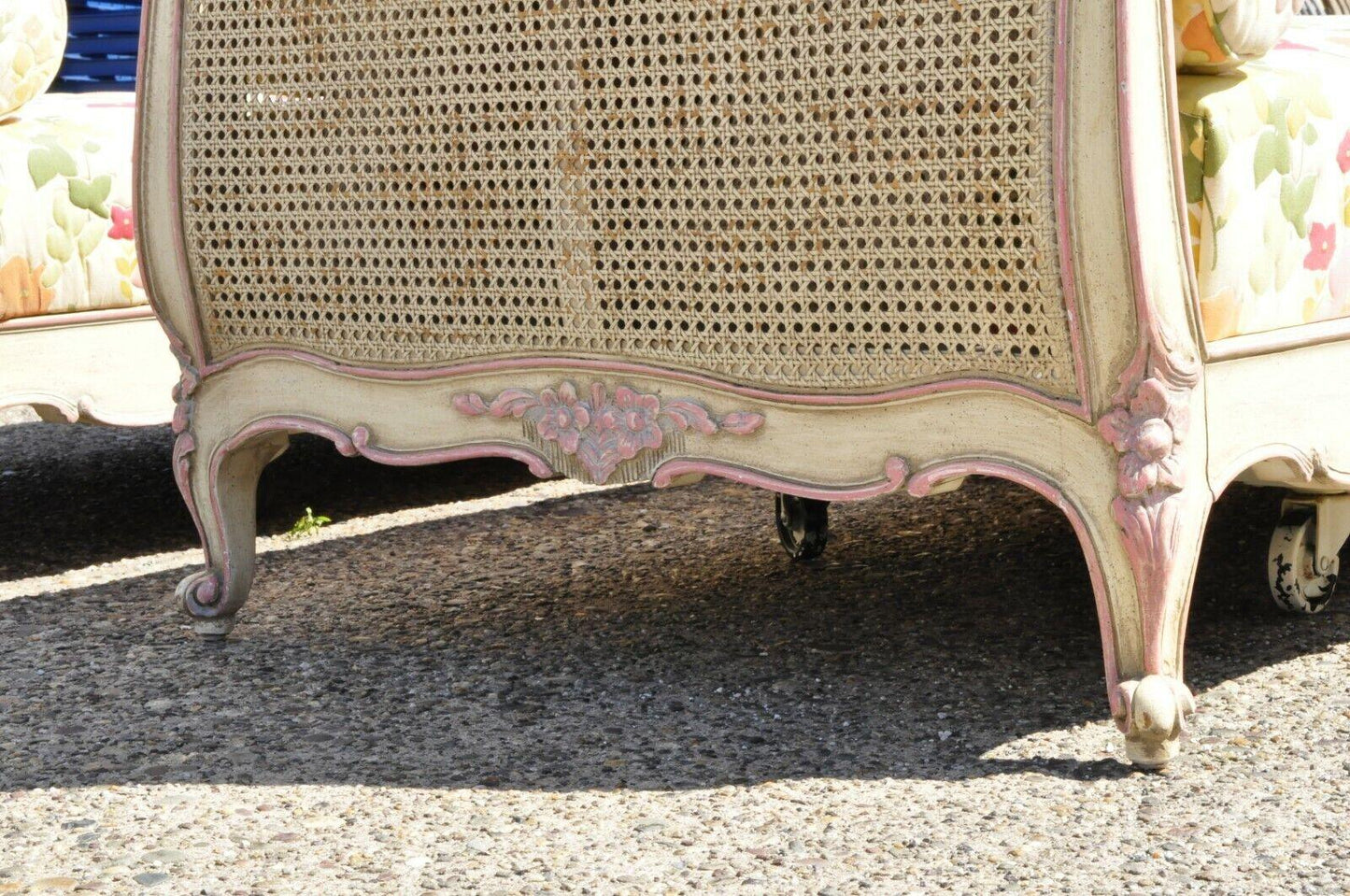 Vintage French Louis XV Style Pink & Cream Painted Cane Bed Daybeds - a Pair