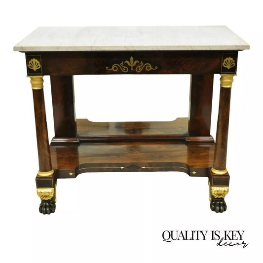 19th Century French Empire Marble Top Bronze Ormolu Paw Feet Console Hall Table