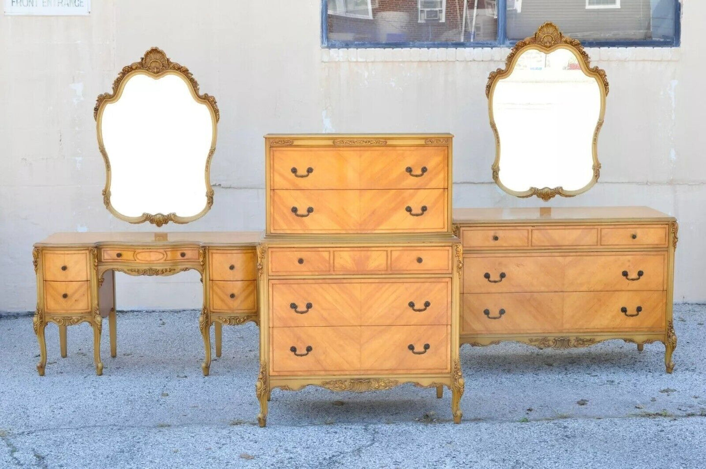 Antique French Louis XV Satinwood Bedroom Set Dresser Vanity Mirror - 9 Pc Set