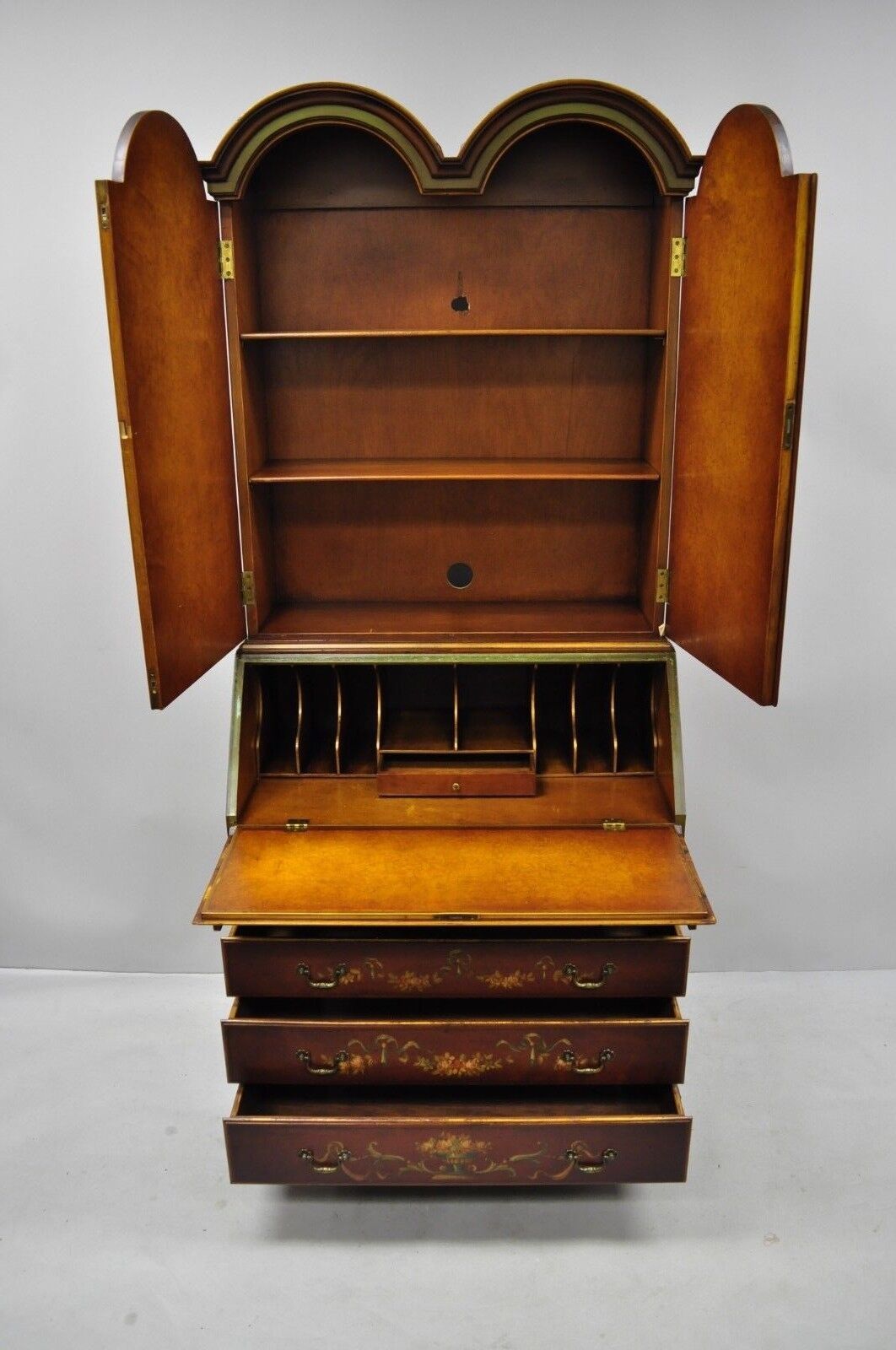 Early 20th C. English Adams Style Hand Painted Double Bonnet Top Secretary Desk