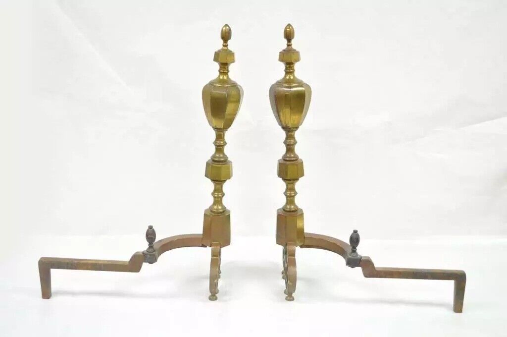 Antique American Federal Pointed Finial Brass Fireplace Andirons - a Pair