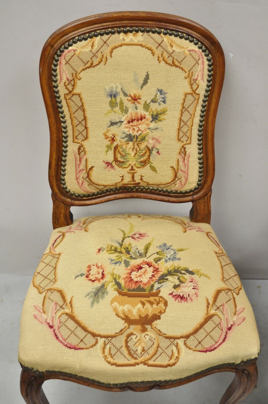 Antique French Provincial Louis XV Walnut Floral Needlepoint Side Chair - a Pair