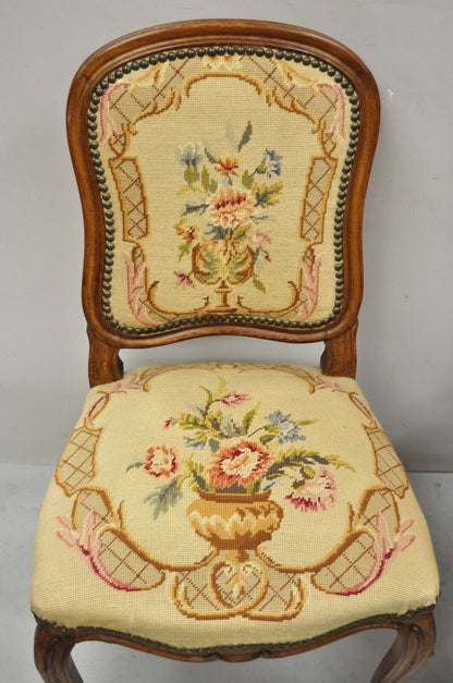 Antique French Provincial Louis XV Walnut Floral Needlepoint Side Chair - a Pair