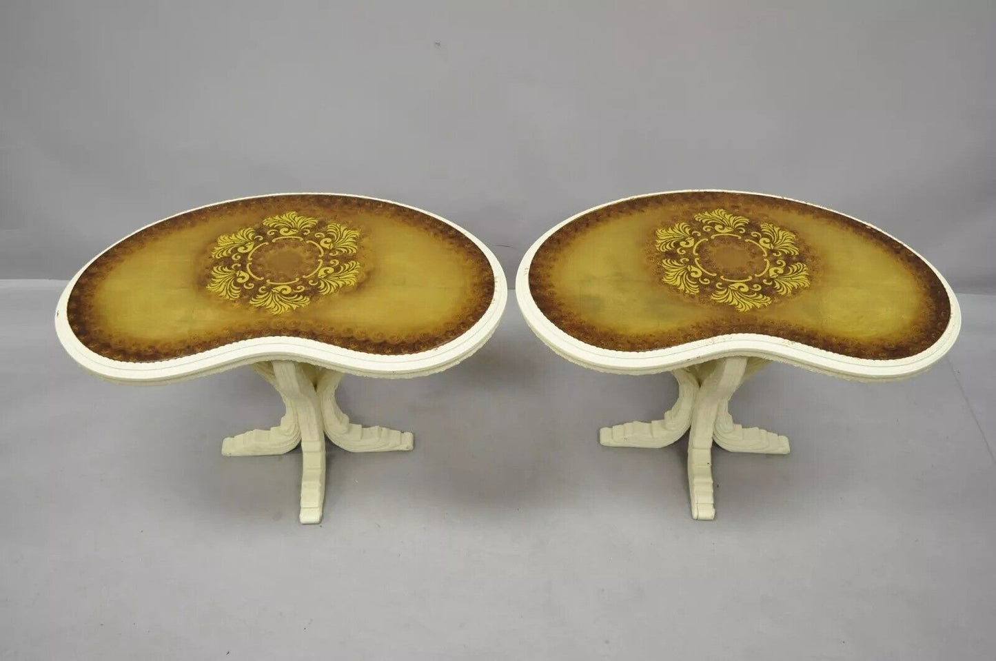 Vintage Hollywood Regency Gold Glass Kidney Shaped White Side Tables - a Pair