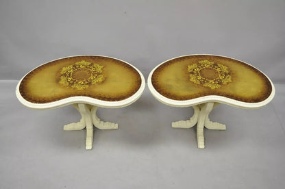 Vintage Hollywood Regency Gold Glass Kidney Shaped White Side Tables - a Pair