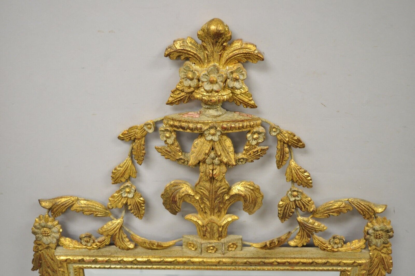 Vintage Italian Gold Giltwood Carved Wood Leafy Scrollwork Console Wall Mirror