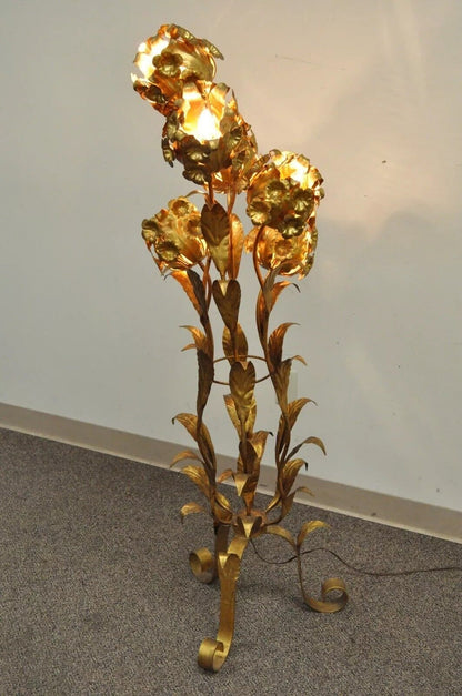 Vintage Italian Hollywood Regency Gold Gilt Floral Tole Metal 6 Light Floor Lamp