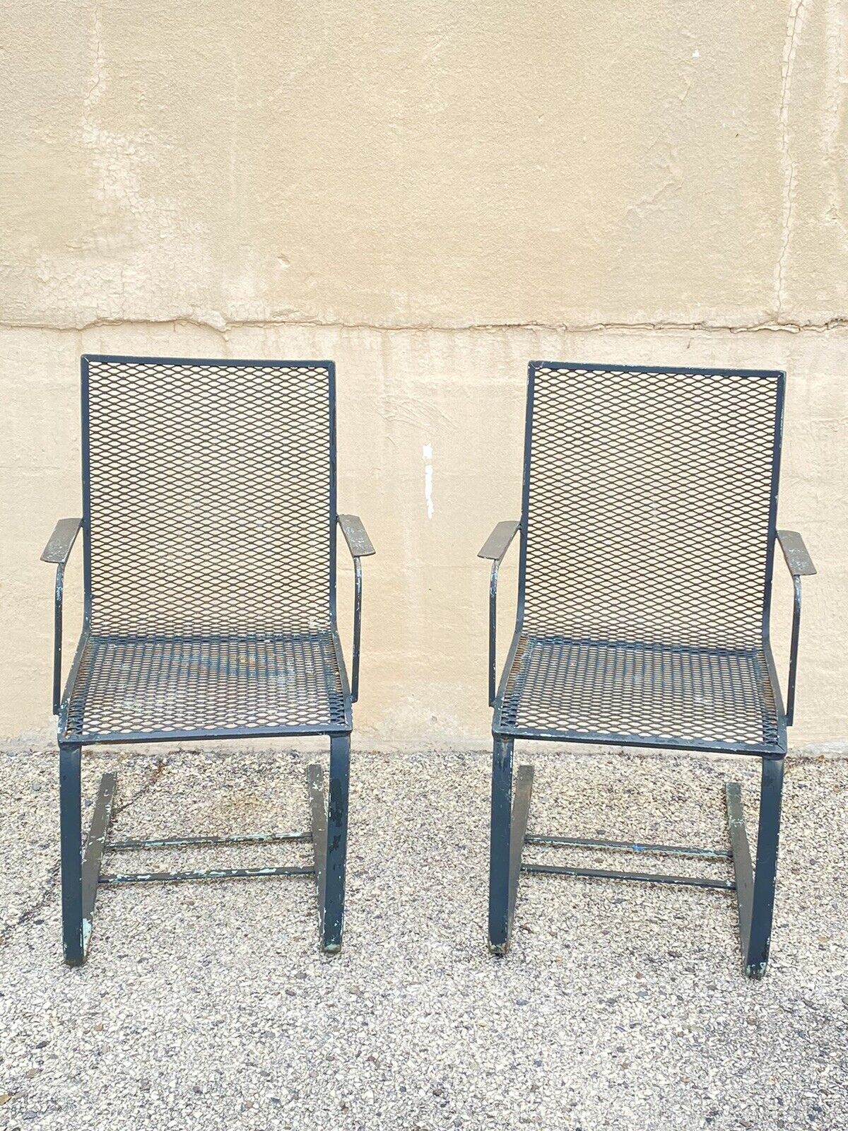 Industrial Modern Wrought Iron Metal Mesh Cantilever Garden Patio Chair - a Pair