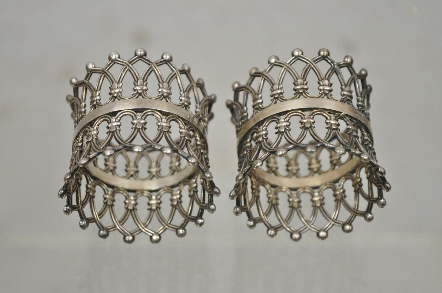 Pair Antique English Victorian Silver Plate Pierced Fretwork Crown Napkin Rings