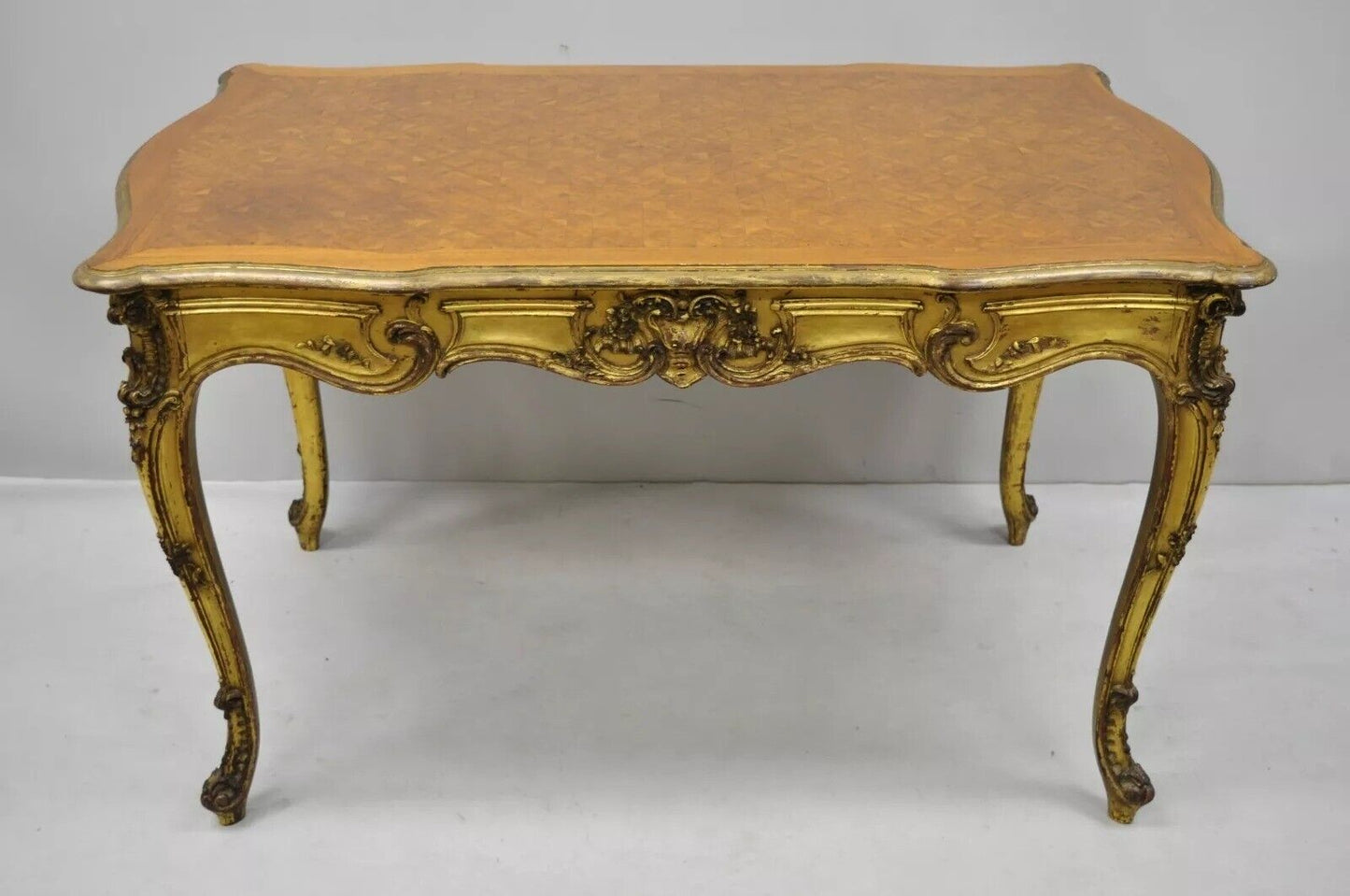 19th C. French Louis XV Style Gold Giltwood Writing Desk w/ Marquetry Inlay Top