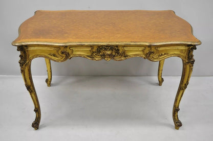 19th C. French Louis XV Style Gold Giltwood Writing Desk w/ Marquetry Inlay Top