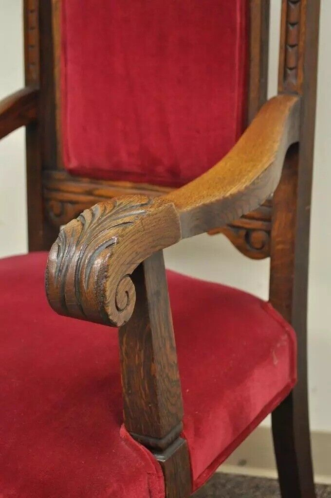 Antique Renaissance Revival Figural Lion Carved Oak Dining Chairs - Set of 4