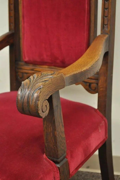 Antique Renaissance Revival Figural Lion Carved Oak Dining Chairs - Set of 4