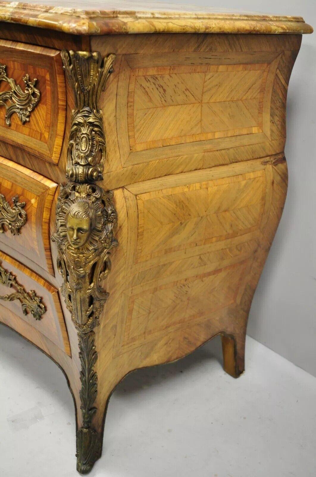 French Louis XV Style Inlaid Marble Top Bombe Commode Chest with Bronze Figures