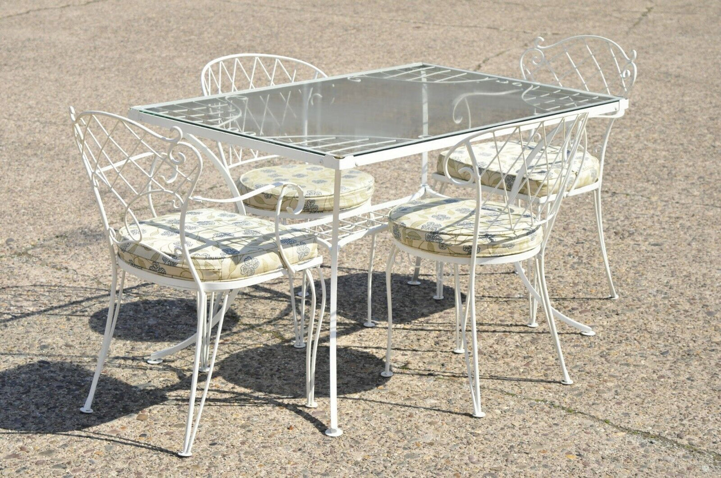 French Victorian Style White Wrought Iron Lattice Garden Patio Dining Set - 5 Pc