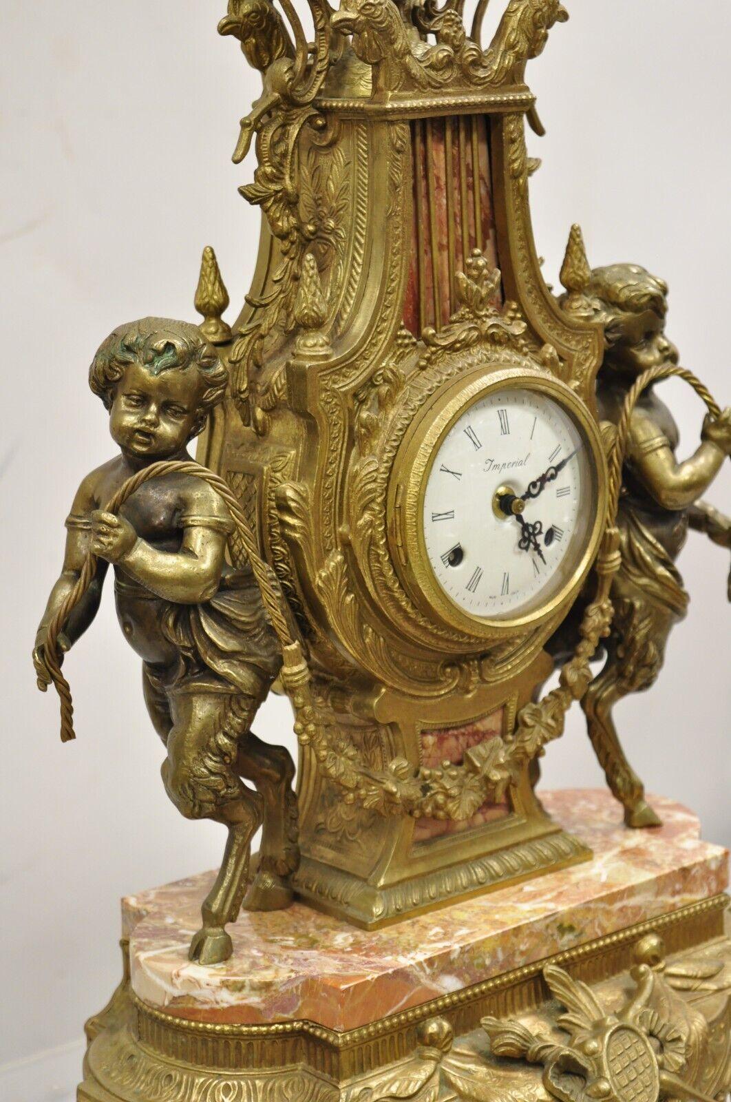 Vintage French Louis XV Style Brevetatto Italy Brass Marble Figural Cherub Clock