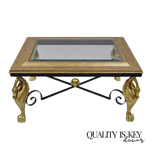 Regency Style Figural Swan Base Rectangular Iron and Glass Gold Coffee Table (B)