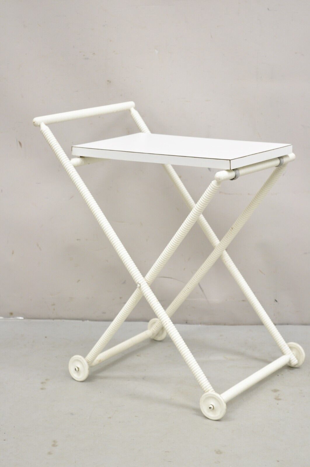 Vintage Mid Century Modern White Small Spool Carved Folding Bar Cart Side Table