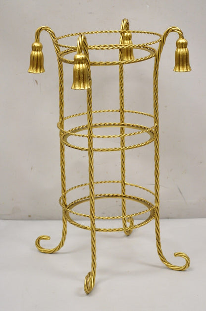 Italian Hollywood Regency 3 Tier Gold Iron Rope Tassel Stand Side Table - Single