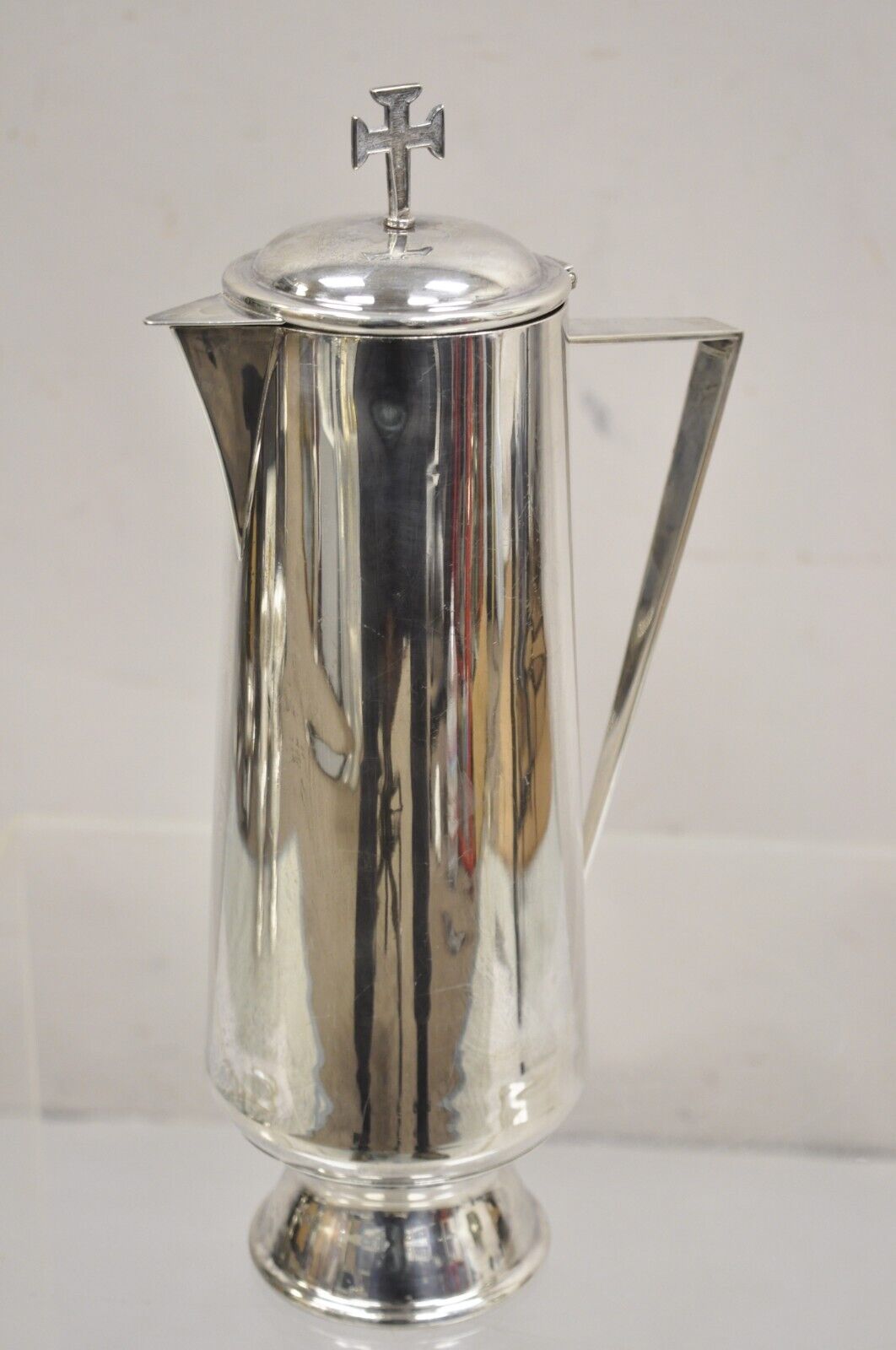 Vintage Gothic Style Religious Silver Plated Tall Church Pitcher with Cross