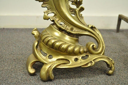 Antique French Louis XV Rococo Style Bronze Brass Acanthus Andirons - a Pair