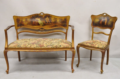 Antique Victorian Art Nouveau Gold Giltwood Hand Painted Settee 2 Pc Parlor Set