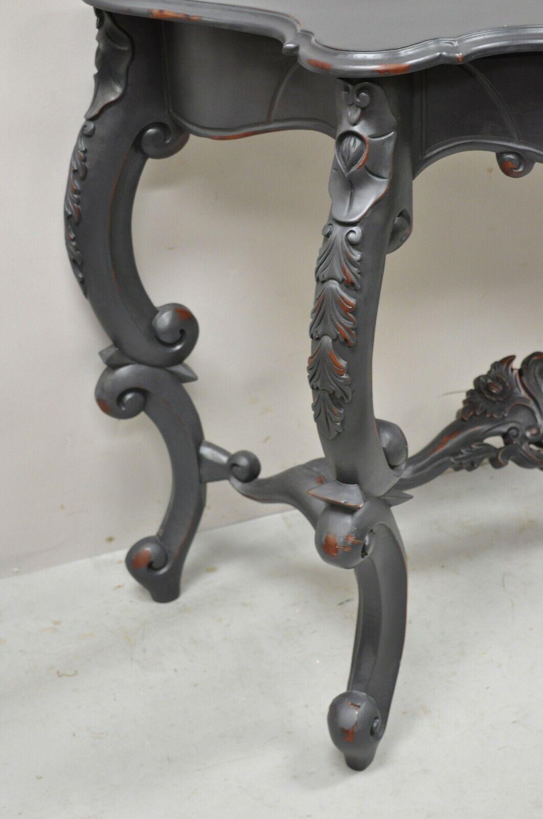 Reproduction Antique French Rococo Charcoal Distress Painted Console Hall Table