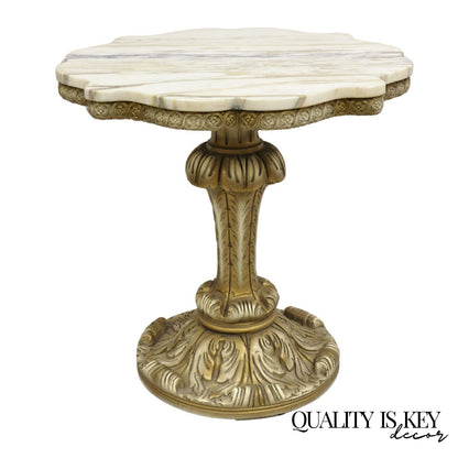 Vintage Hollywood Regency White Gold Plume Carved Pedestal Marble Top Side Table