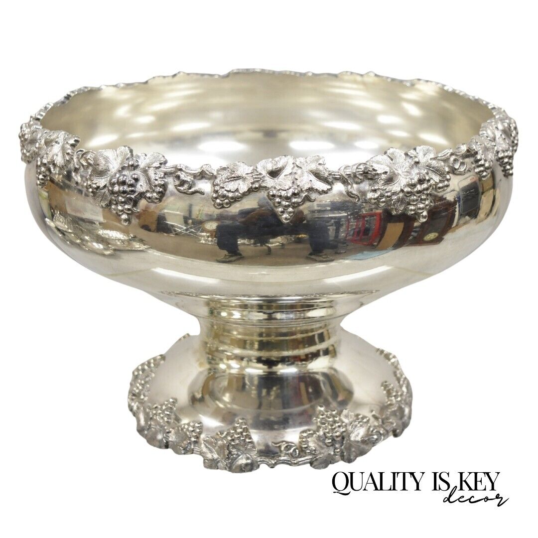 Vintage English Victorian Silver Plated Grapevine Pedestal Base Punch Bowl