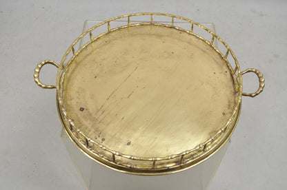 Vintage Hollywood Regency Faux Bamboo Solid Brass Round Serving Platter Tray