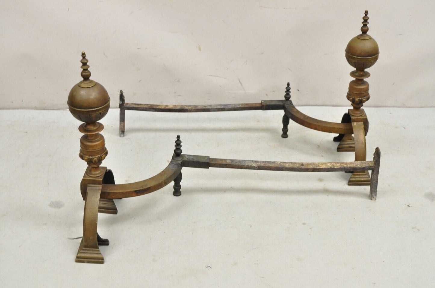 Antique English Federal Brass Cannonball Fireplace Andirons With Patina -  Pair