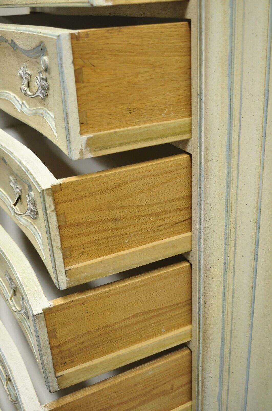 Vintage French Provincial Cream Blue Paint Tall Narrow Custom 65" Chest Dresser