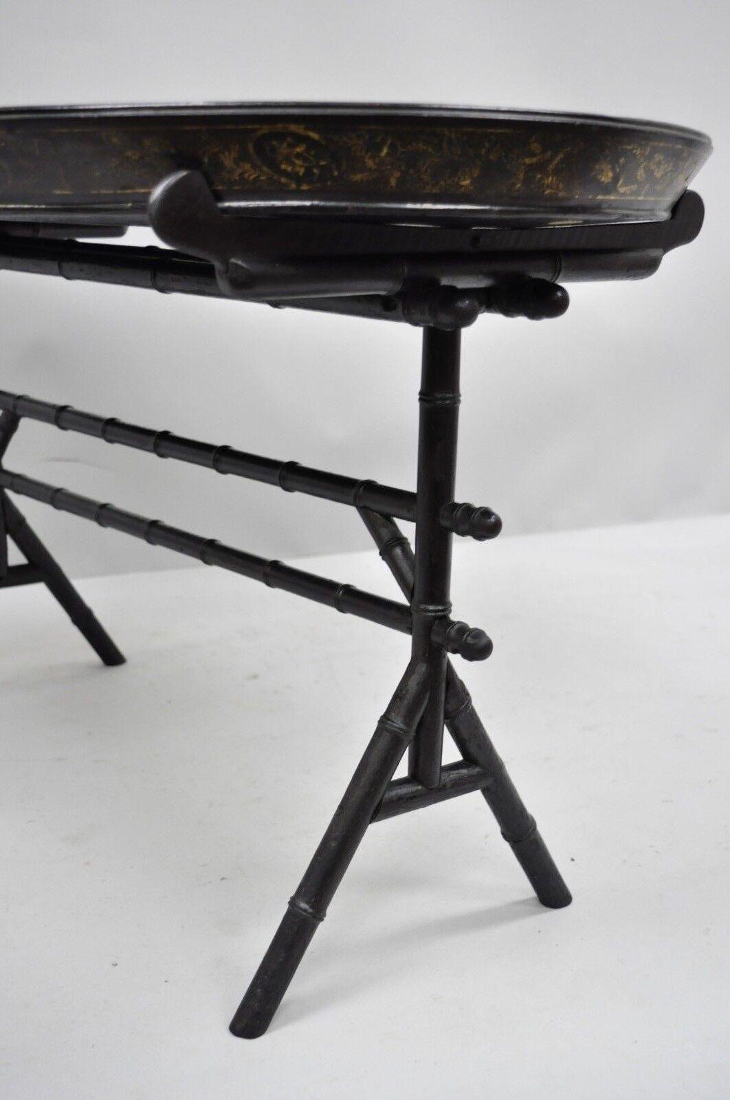 19th C. English Victorian Leather Tole Tray Coffee Table on Faux Bamboo Base