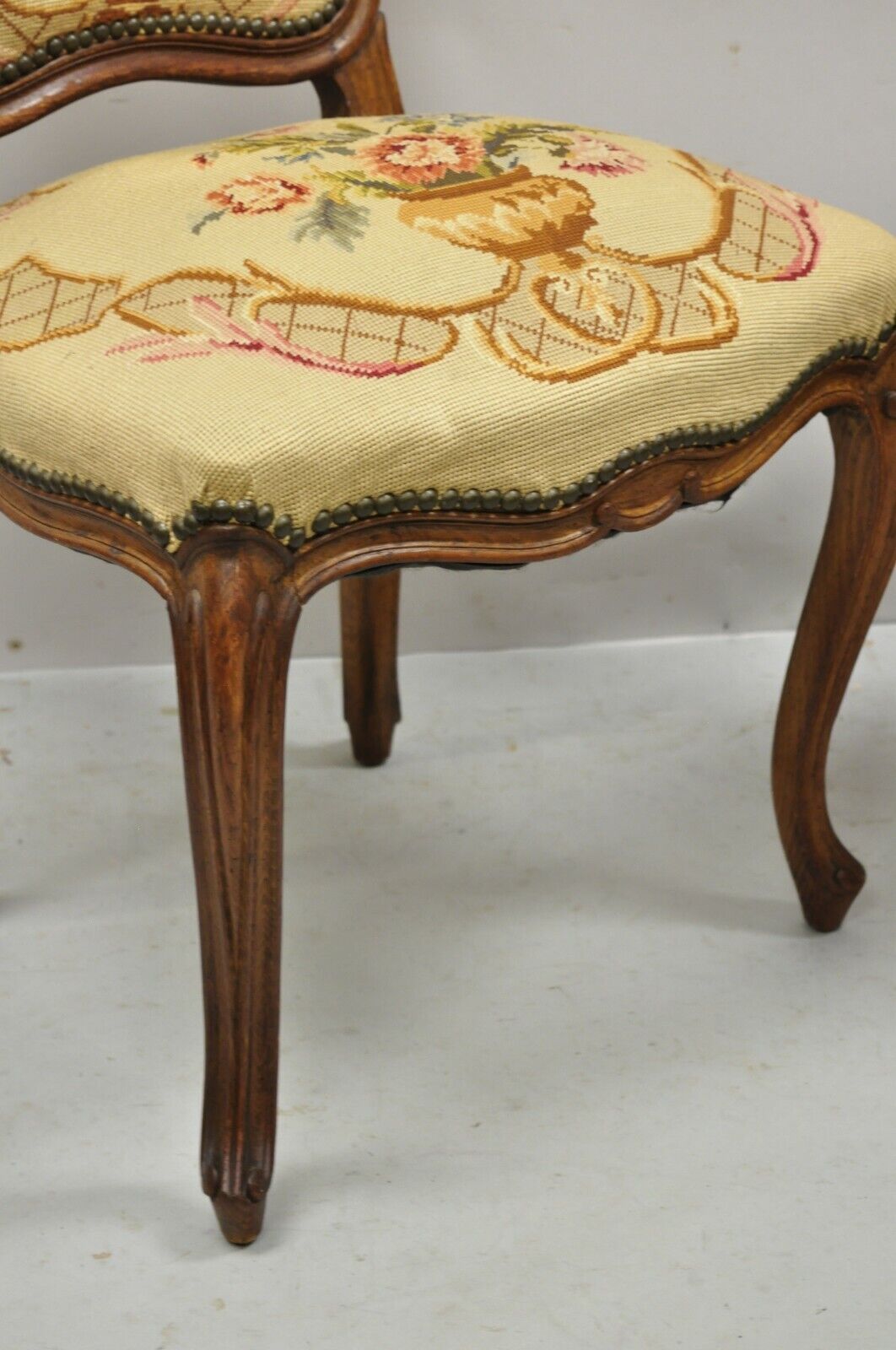 Antique French Provincial Louis XV Walnut Floral Needlepoint Side Chair - a Pair