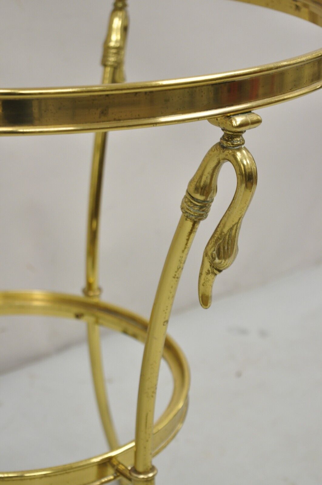 Italian Hollywood Regency Brass Swan Tripod 2 Tier Round Occasional Side Table