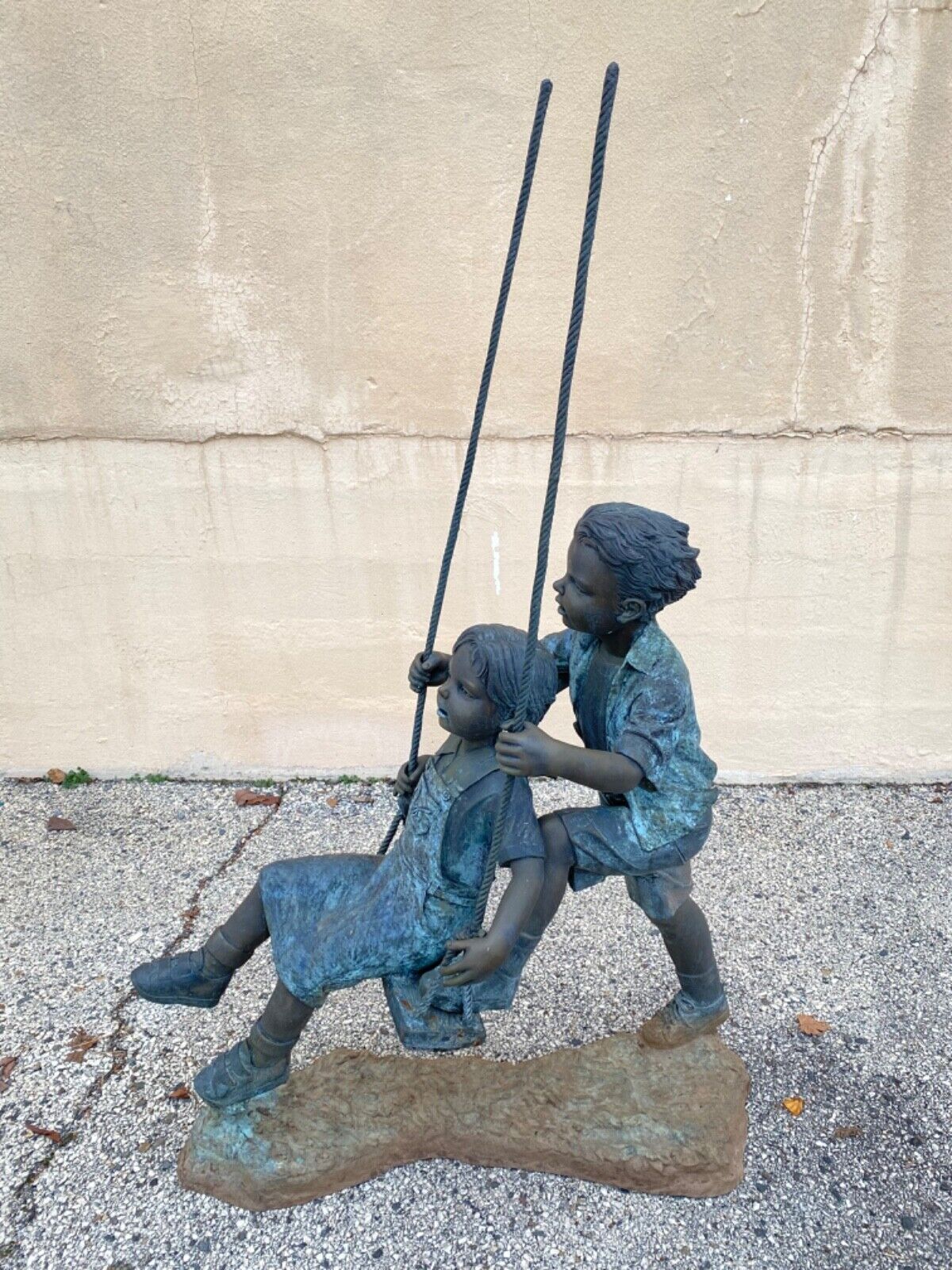 Bronze Boy and Girl Children Swinging Garden Outdoor Statue Sculpture