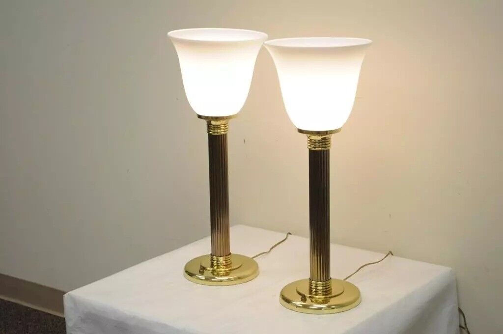 Vintage Brass & Glass Fluted Column Hollywood Regency Empire Table Lamps - Pair