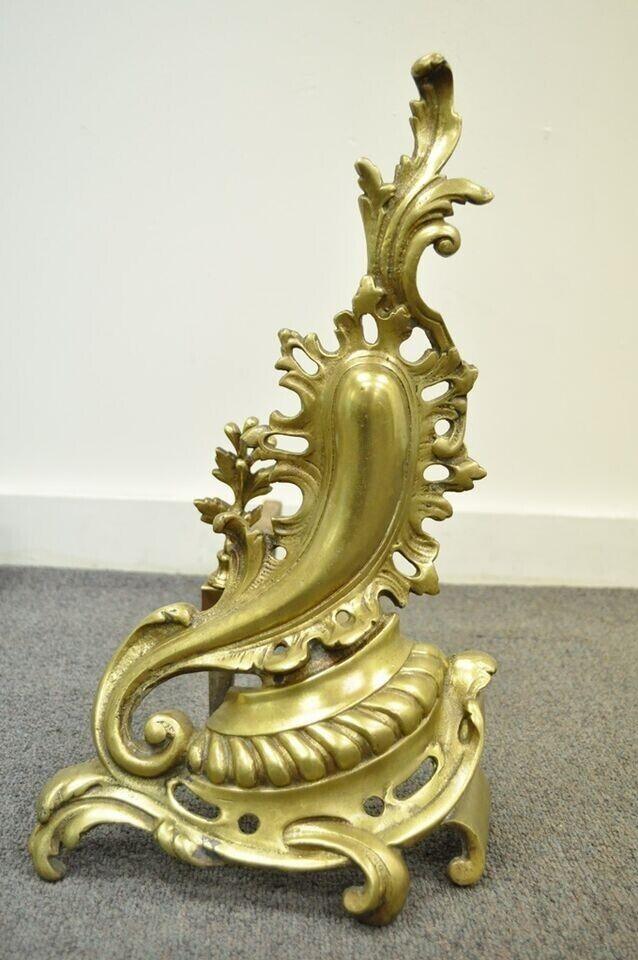 Antique French Louis XV Rococo Style Bronze Brass Acanthus Andirons - a Pair