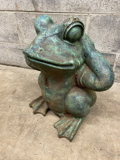 Vintage Hollywood Regency Green Cast Iron Garden Frog Statue "Hear no Evil"