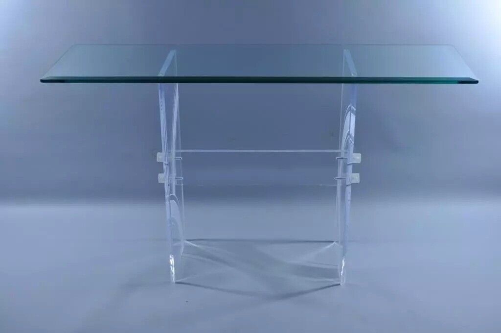 Vintage Mid Century Modern Clear Etched Lucite & Glass Console Hall Sofa Table