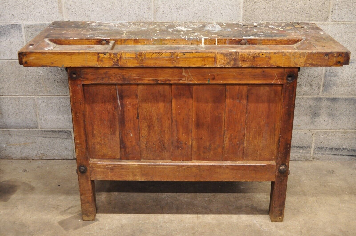 Antique American Industrial Wood Plank Distress Paint Splatter Work Bench Table