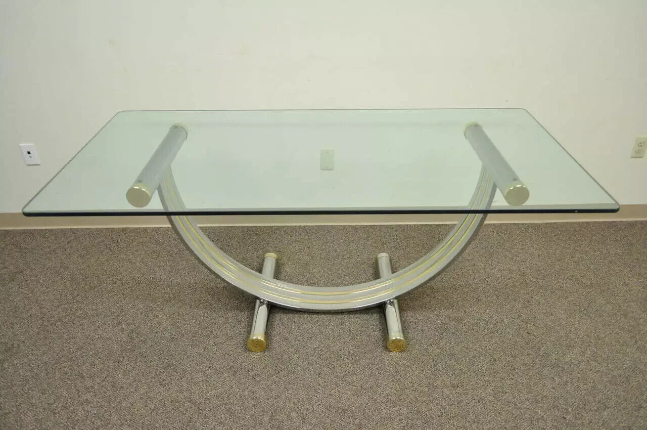 Mid Century Modern Romeo Rega Style Chrome Brass and Glass Arch Dining Table