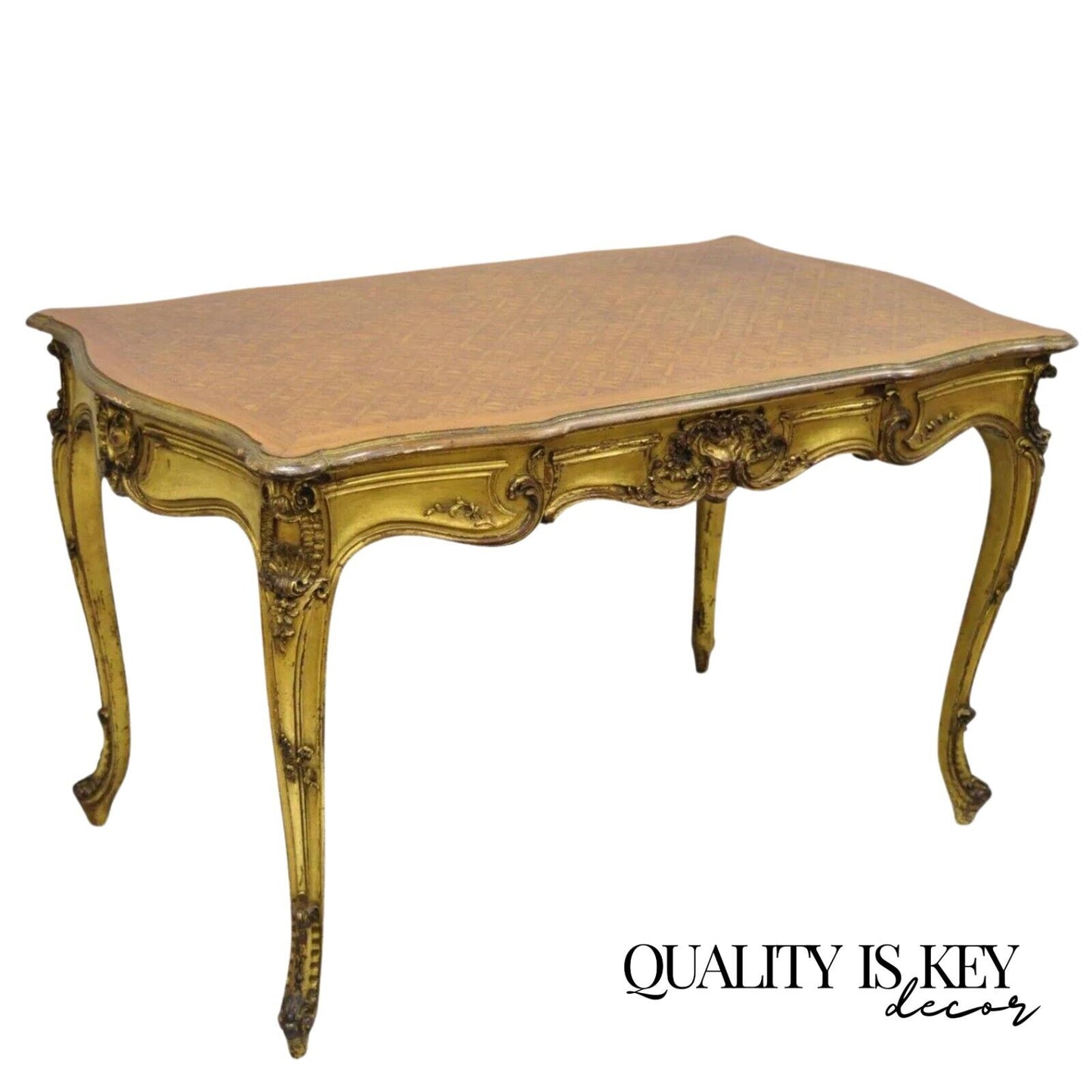 19th C. French Louis XV Style Gold Giltwood Writing Desk w/ Marquetry Inlay Top